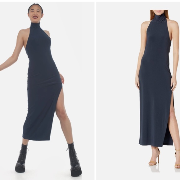 Navy Blue Halter Turtle Side Slit Gown - Picture 2 of 3